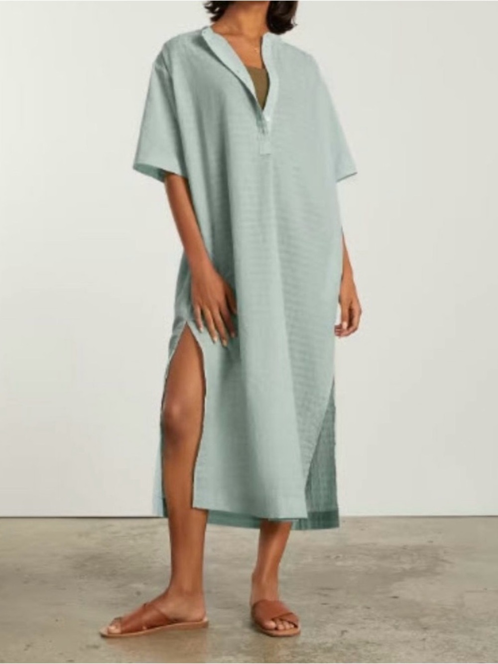 Everlane Caftan Women’s Green Solid Woven Collared Button-Front Midi Dress S